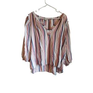 Est.‎ 1946 Women's Linen Blend Blue and Pink Striped Long Sleeve Blouse 26/28W